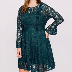 ELOQUII Teal Lace Fit & Flare Bell Sleeve Dress